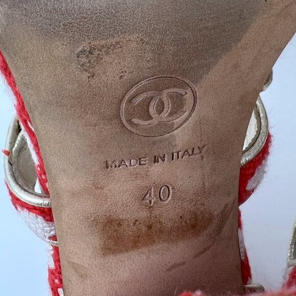 Chanel Red White Tweed Gold Chain Logo Strappy Block High Heels Sandals - Picture 8 of 10